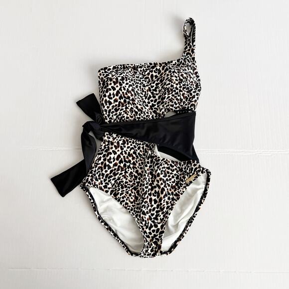 [Vince Camuto] Tanzania One Shoulder Cheetah Print Side Tie Cutout Swimsuit Sz 6 - Picture 2 of 12